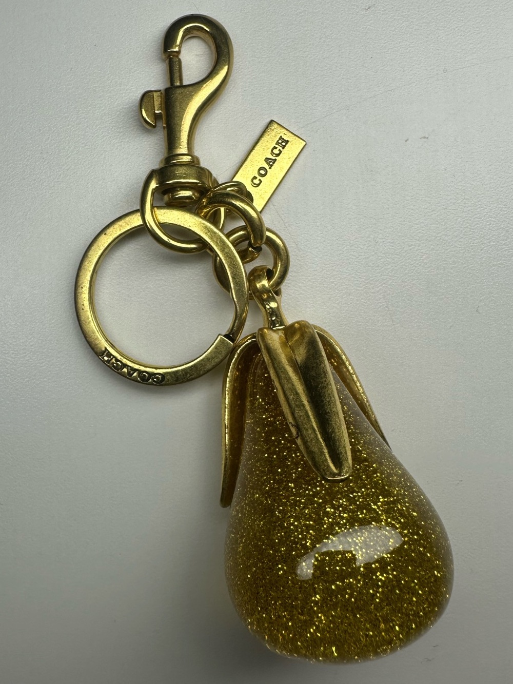 Coach Pear Bag Charm Gold Glitter Resin Brass Keychain Key Ring
